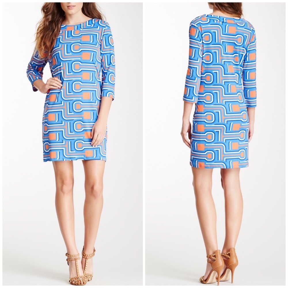 Tracy Negoshian Ruth Dress Geometric Small blue orange mod stretch